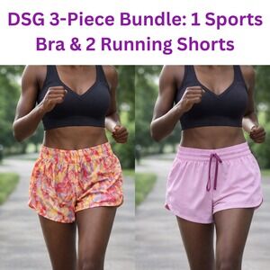 DSG 3-Piece Bundle of Black Low-Support Sports Bra & 2 Running Shorts Size Large